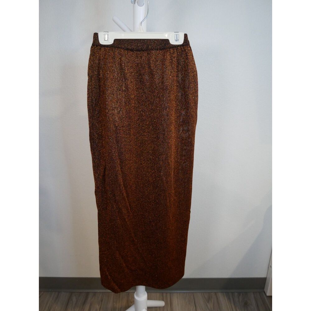 Christine Thomson Metallic Copper Maxi Skirt Vintage Knit Elastic Waist